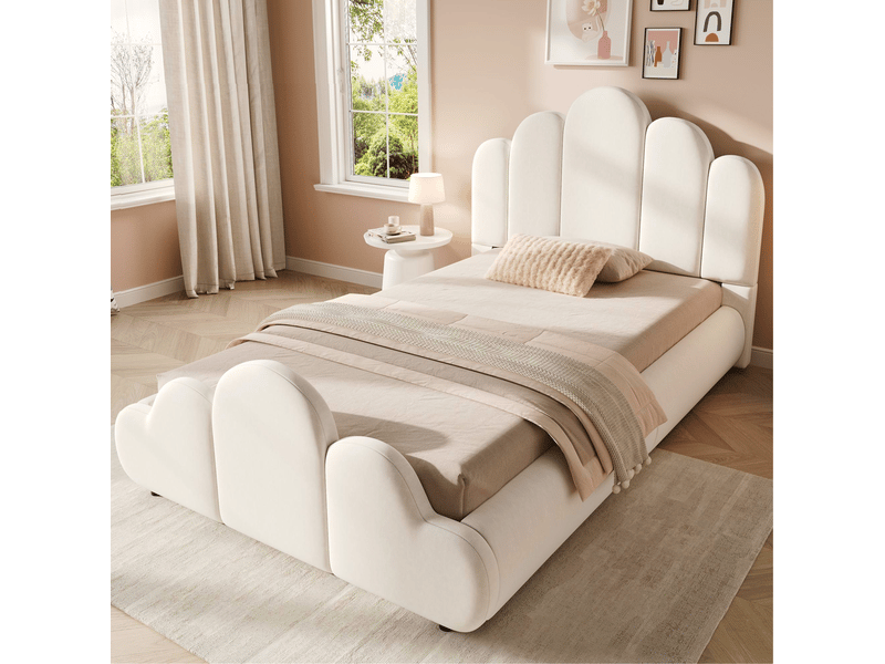  Lit enfant rembourré modenvie 90 x 200 cm avec sommier à lattes, tête de lit rembourrée, coins arrondis, velours beige  - Conforama D