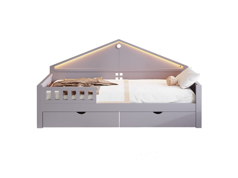  Lit enfant simple 90 x 200 cm, gain de place 2 tiroirs led robuste 150 kg, bois et mdf, gris sans matelas  - Conforama E