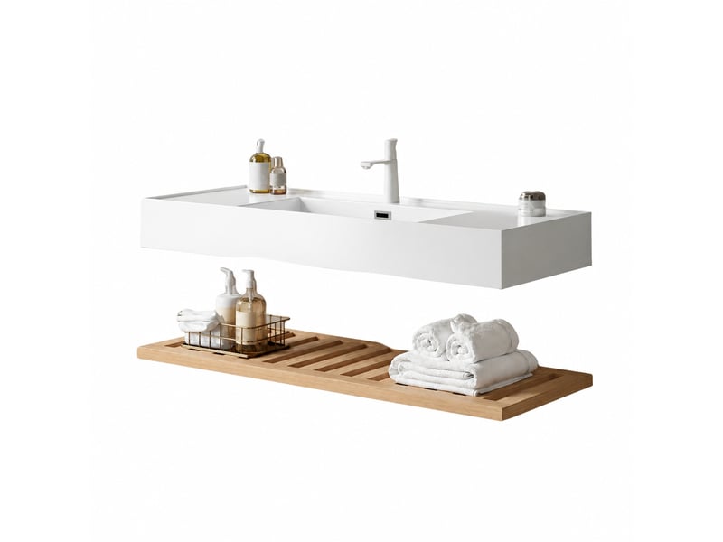  Meuble vasque suspendu 120 cm avec vasque intégrée en résine blanche et étagère en bois  - Conforama A