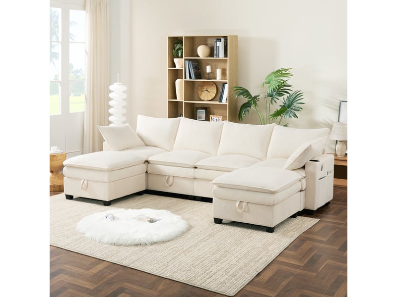  Canapé d'angle, canapé modulable, en velours côtelé, beige, porte-gobelets, repose-pieds, design moderne, usb  - Conforama C