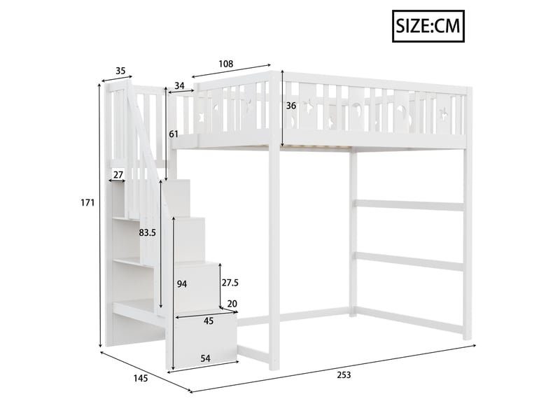  Lit mezzanine enfant 140 x 200 cm avec escalier, étagères, étoiles et lune, blanc  - Conforama C