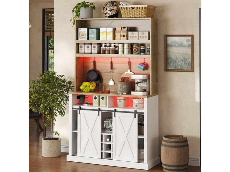 Buffet de cuisine haut 191x110x40 cm, meuble rangement cuisine avec capacité de charge 50 kg, portes coulissantes, étagères ouvertes et crochets latéraux  - Conforama R