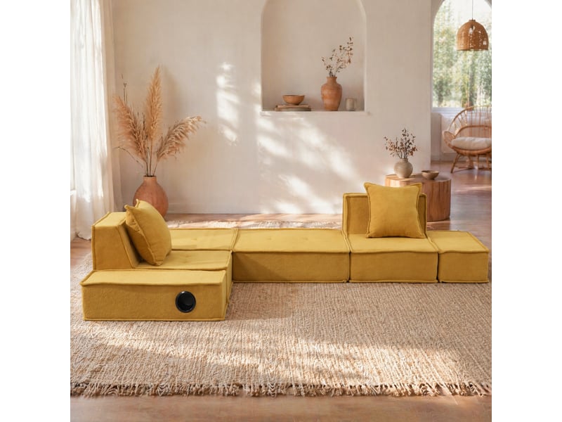  Canapé-lit modulaire ulevr 2 places convertible en chenille jaune moutarde, 162 x 78 x 66 cm, poches latérales et porte-gobelets  - Conforama B