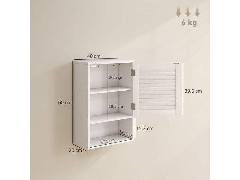  Armoire murale salle de bain blanche 40 x 20 x 60 cm, porte à persiennes et compartiment ouvert  - Conforama E