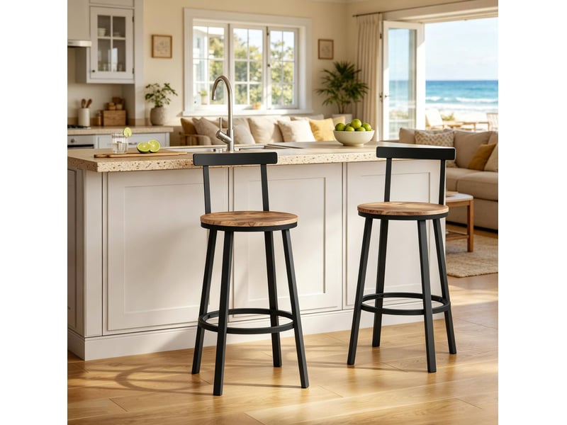  Lot de 2 tabourets de bar 51,5x51,5x89 cm, dossier incurvé, assise 65 cm, métal et mdf, brun rustique  - Conforama B