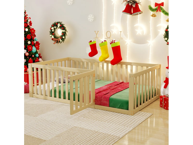  Elvmi lit enfant au sol 90x200 cm en bois massif naturel avec barrière de sécurité 60 cm et petite porte, cadre de lit bas au design ouvert, pour chambre d’enfant, coin lecture ou espace de jeu, à monter soi-même  - Conforama B