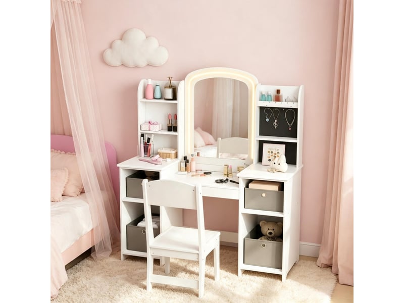  Coiffeuse pour enfant avec tabouret et miroir led en mdf blanc 104 x 40 x 112 cm T5828P574879 - Conforama B