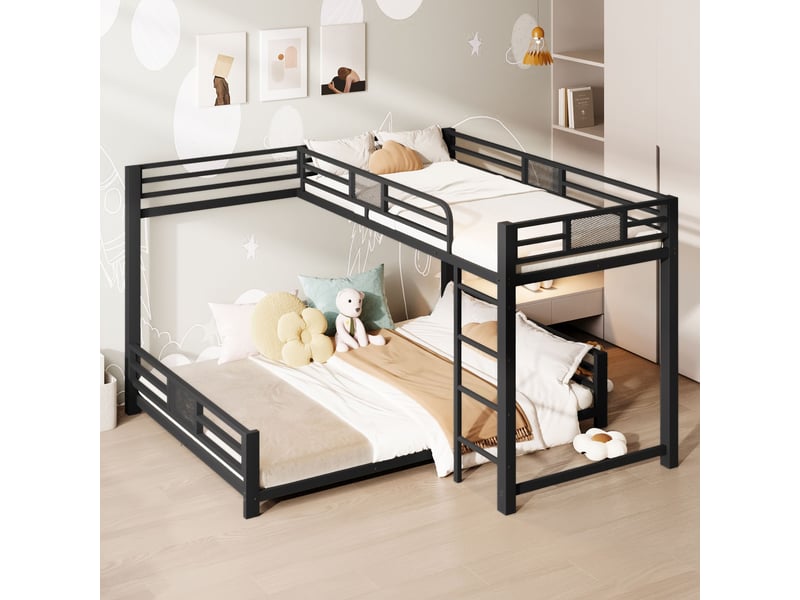  Lit superposé en métal 90x200 cm et 140x200 cm en l-barrières de sécurité-structure gain de place-noir  - Conforama D