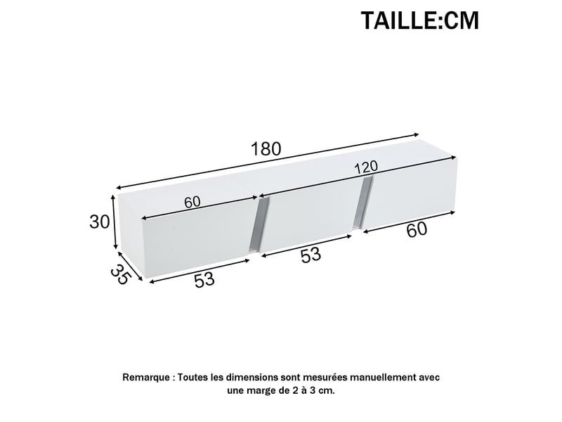  Meuble tv mural suspendu blanc led – 180 x 35 x 30 cm – 3 portes – jusqu’à 75 pouces  - Conforama D