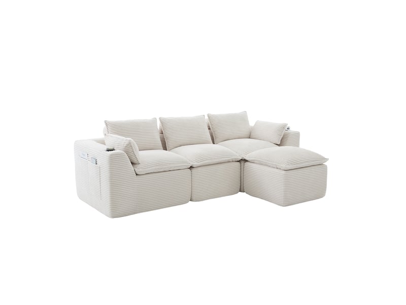  Canapé droit modulable 3 places en velours côtelé beige avec pouf, porte-boisson et rangements latéraux  - Conforama A