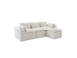 Canapé droit modulable 3 places en velours côtelé beige avec pouf, porte-boisson et rangements latéraux