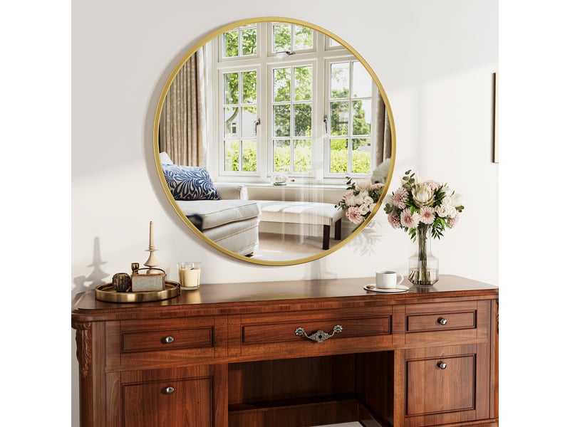  Miroir rond mural 75cm - miroir salle de bain en verre trempé incassable avec cadre aluminium - doré  - Conforama B