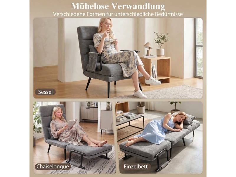  Fauteuil convertible 3 en 1 gris en tissu chenille, dossier réglable, fauteuil lit 1 place pour petit espace et chambre d'appoint  - Conforama E