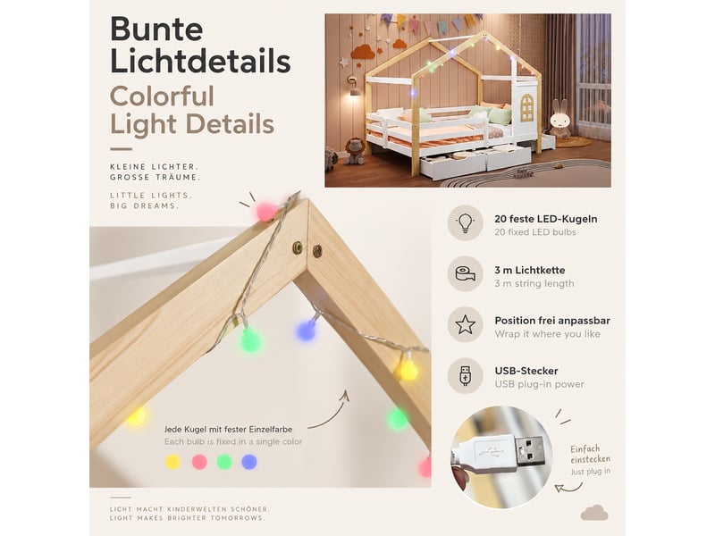  Lit cabane enfant 120x200 cm en bois blanc et naturel avec barrière de sécurité, 3 tiroirs de rangement et guirlande lumineuse - blanc  - Conforama E