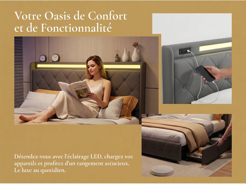  Lit 2 places 160x200 cm - avec éclairage led - tête de lit avec étagère - similicuir pu gris - sommier à lattes inclus  - Conforama E