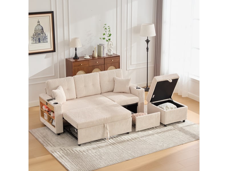 Canapé-lit canapé d’angle convertible avec rangement et led intégrée - fonction lit et coussins inclus, beige  - Conforama B