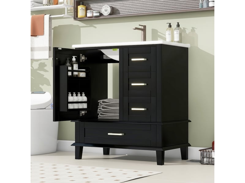 Meuble vasque noir 76 cm avec vasque en céramique intégrée, 3 tiroirs et 1 porte  - Conforama B