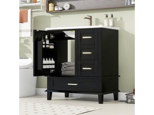 Meuble vasque noir 76 cm avec vasque en céramique intégrée, 3 tiroirs et 1 porte