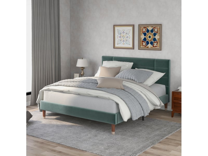  Lit adulte double 140x200 cm en velours vert foncé avec sommier à lattes et matelas  - Conforama B