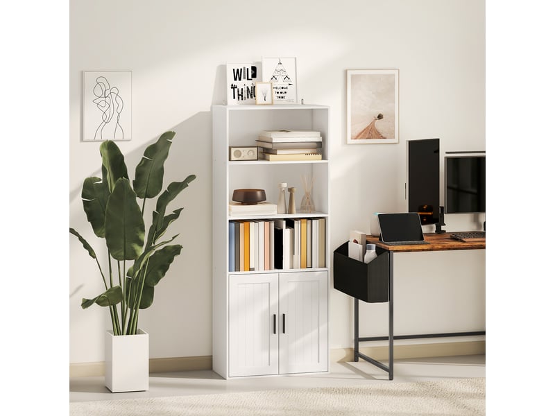 Bibliothèque avec étagères ouvertes et armoire à 2 portes avec étagère intérieure réglable, 60 x 30 x 145,5 cm, blanche  - Conforama D