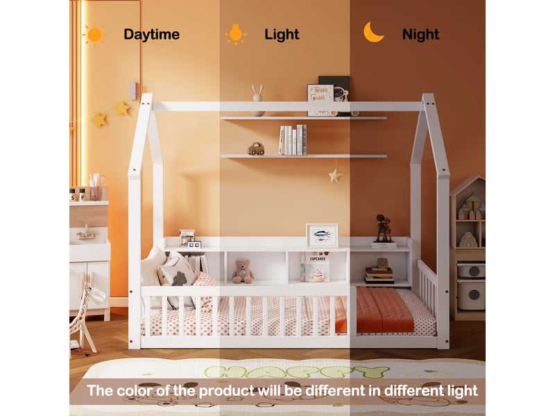  Lit cabane enfant 90 × 200 cm en bois de pin avec barrières de sécurité, étagères de rangement intégrées et cadre maison - blanc  - Conforama D