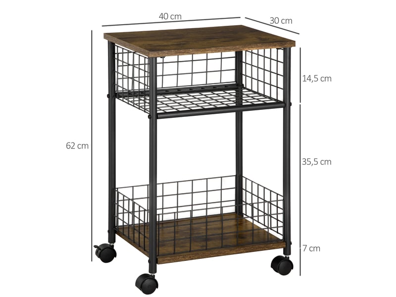 Chariot de cuisine de style industriel avec 1 étagère 1 panier de rangement et 4 roulettes en acier dimensions 40 x 30 x 62 cm noir et marron - Conforama C