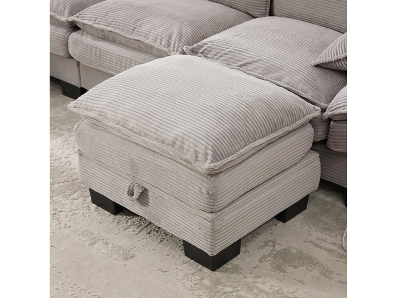  Canapé modulable 3 places en velours côtelé gris clair avec 2 poufs, usb-c et rangement pour le salon  - Conforama D