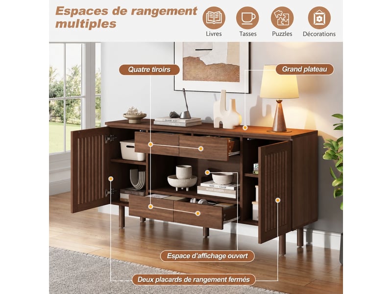  Buffet bas couleur noyer avec portes à lamelles, 140 × 35 × 71 cm  - Conforama D