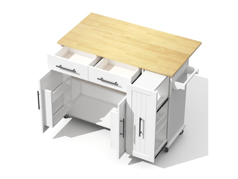  Îlot de cuisine blanc avec plateau rabattable, chariot mobile, rangement coulissant 3 niveaux, 2 tiroirs et porte-serviettes  - Conforama D