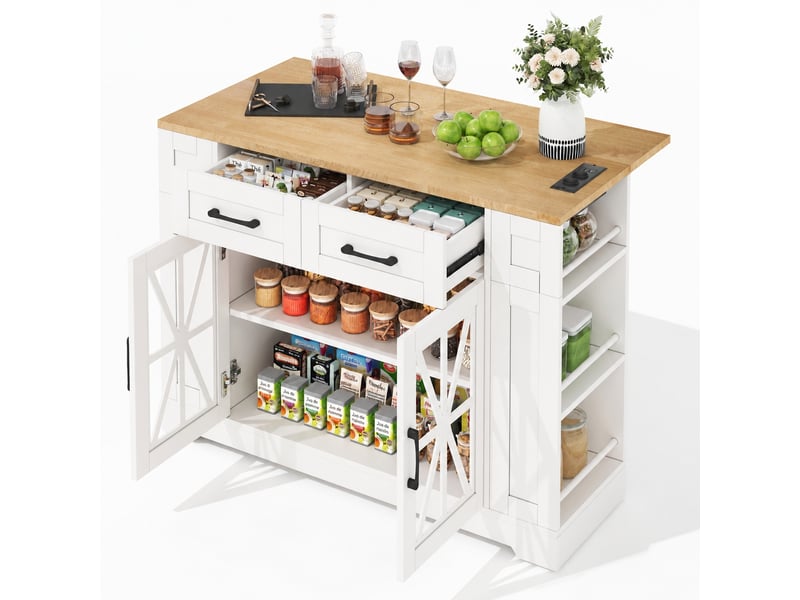 Îlot de cuisine mobile avec table rabattable, prises et rangements, 120 cm, blanc et bois naturel - Conforama A