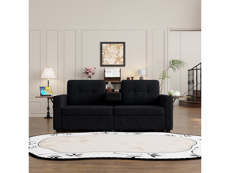  Canapé droit 2 places en chenille noir avec 2 tiroirs et tablettes, 178 cm Fay Lum - Conforama E