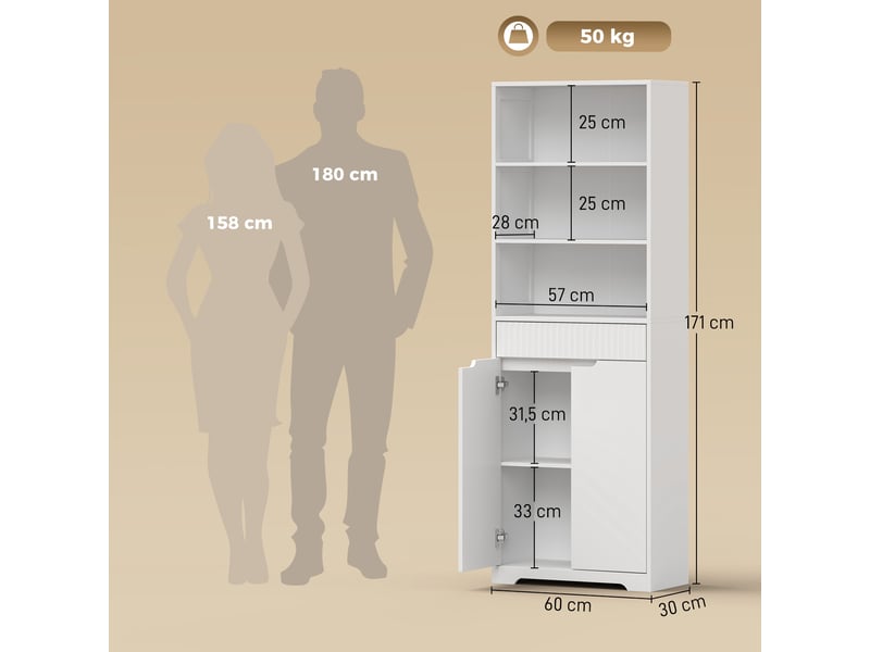 Armoire de salle de bain haute, 2 portes à fermeture amortie, tiroir, 3 compartiments ouverts et étagères réglables, blanche - Conforama E