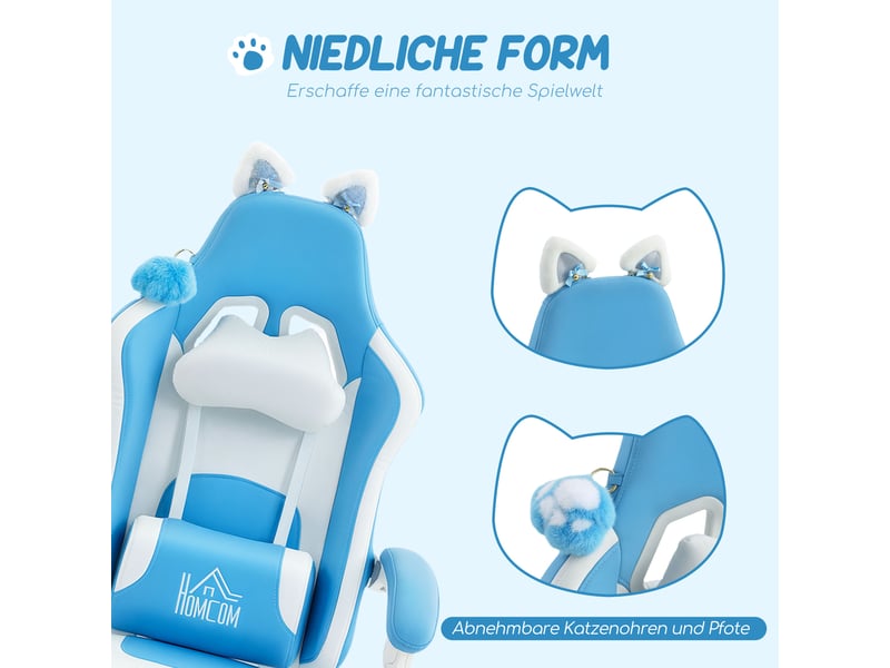  Fauteuil gaming avec oreilles de chat, dossier inclinable, repose-pieds extensible, capacité de charge jusqu'à 120 kg, bleu marine  - Conforama E