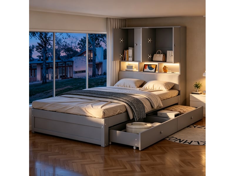  Lit 90x200 cm rangement 2 tiroirs, led prise, tête rembourrée, sommier à lattes, bois gris sans matelas  - Conforama B