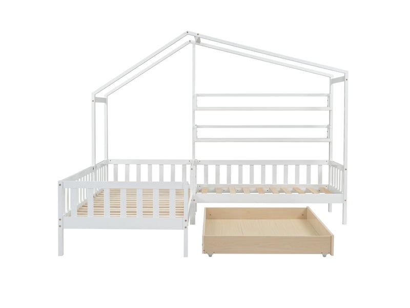  Lit enfant cabane avec tiroirs et étagères,2 personnes bois massif avec clôture et sommier à lattes,blanc (90x200 cm+140x70cm)  - Conforama A