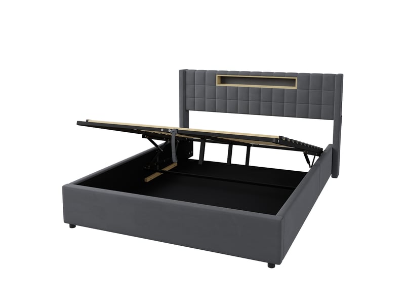  Lit coffre 160x200 cm, lit double adulte avec led et rangement, métal, gris (sans matelas)  - Conforama D