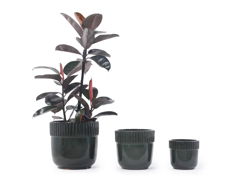 Pot de fleurs céramique artisanal unique ø 38 cm, vert foncé brillant avec bandeau vertical strié, atmosphérique, résistant au gel, avec trou de drainage pour grandes plantes d'intérieur et extérieur - Conforama B