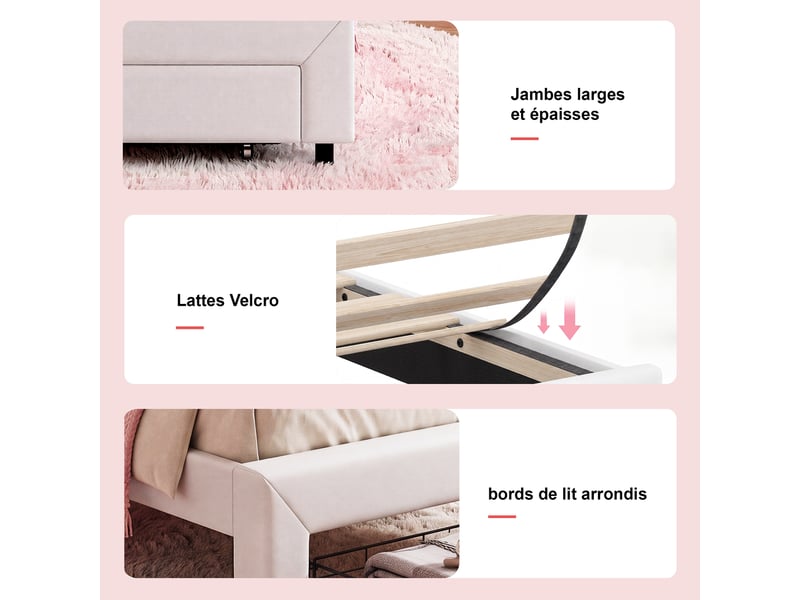 Lit enfant 90x200 cm,tête de lit réglable,éclairage led,tiroirs de rangement,revêtement pu blanc,sommier à lattes pour fille et adolescente - Conforama E