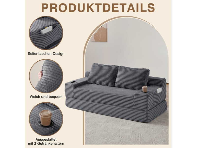  Canapé convertible modenvie 2 places en velours côtelé gris avec porte-gobelets et poches de rangement 180 x 85 x 62 cm  - Conforama E