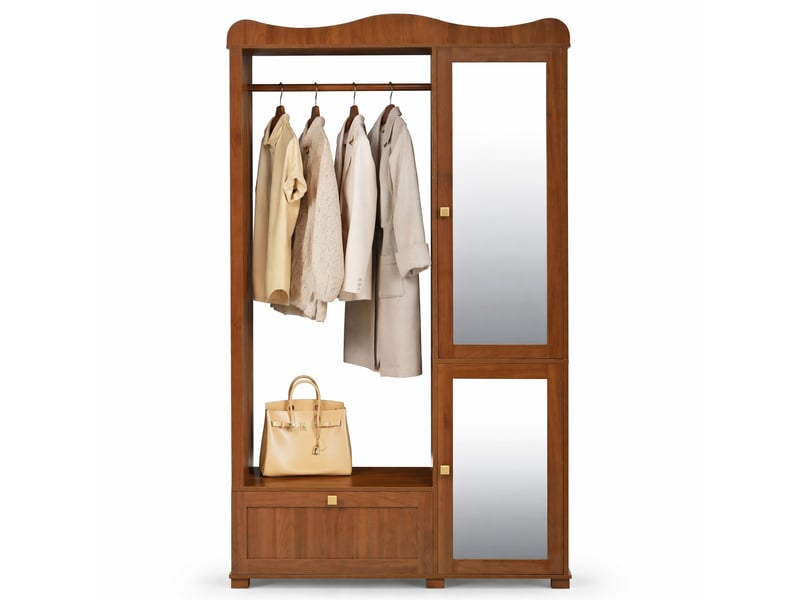  Armoire penderie ouverte 115,5x38,5x194,5 cm, miroir, 2 portes et tiroir, meubles de chambre, mdf, coloris de noyer  - Conforama A