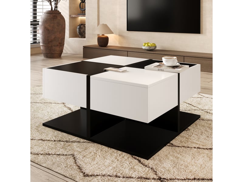 Table basse carrée avec 2 tiroirs et rangement dissimulé, rails coulissants pour salon, noir et blanc 70 × 70 × 35 cm - uvrion  - Conforama D