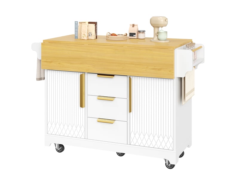  Îlot de cuisine mobile à plateaux rabattables et rangement - lpospi - 3 tiroirs, roulettes, mdf blanc  - Conforama A