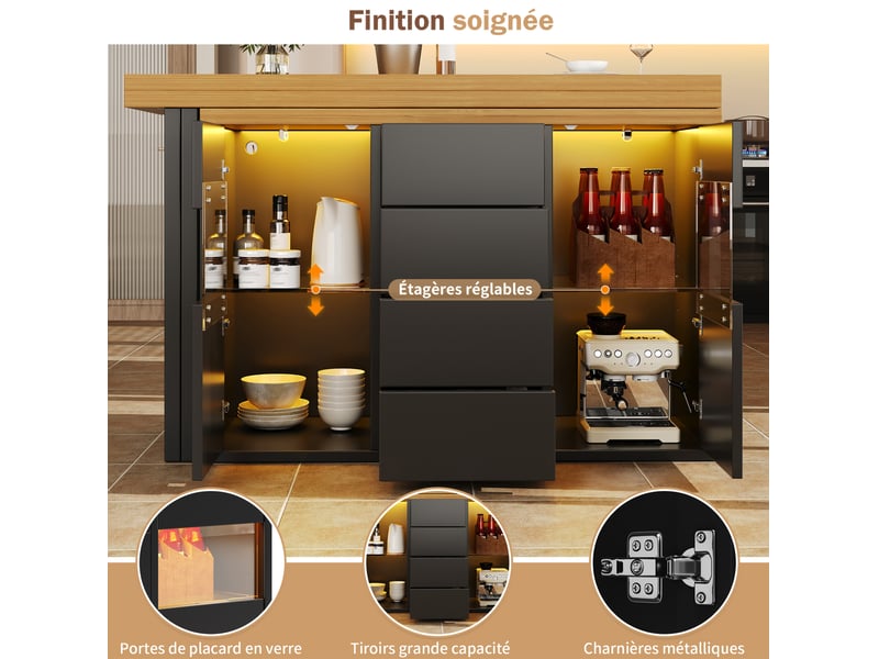  Îlot de cuisine 120x40x73,8 cm, avec plateau rotatif à 360°, structure en mdf et métal, meuble de cuisine, couleur noir  - Conforama E