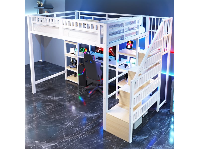  Lit mezzanine 140x200 cm coloris blanc led métal lit enfant blanc - Conforama E