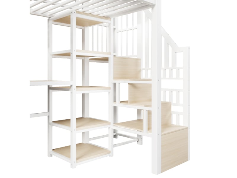  Lit mezzanine 90x200 cm métal blanc – bureau intégré, échelle avec rangement, bande led et usb, sans matelas  - Conforama D