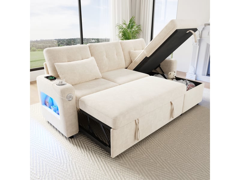 Canapé d’angle convertible en u 206 x 131 x 85 cm 3 places, double méridienne, coffre, porte-gobelets, led, usb, rangement accoudoirs, beige Bliss Lite - Conforama E