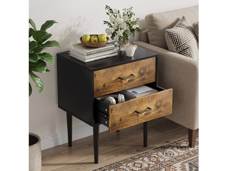  Table de chevet d'appoint 50,8x38,1x63,9 cm, 2 tiroirs, design rétro, pour salon, chambre, bureau, mdf, marron antique  - Conforama B