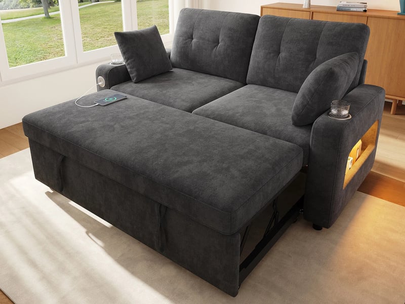  Canapé droit convertible ,2 places,avec éclairage led, ports de charge usbtype-c,141x131x83 cm,gris  - Conforama B