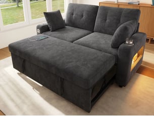Canapé droit convertible <strong>BGSRYAO</strong> <strong></strong> 2 places Tissu gris avec coffre de rangement