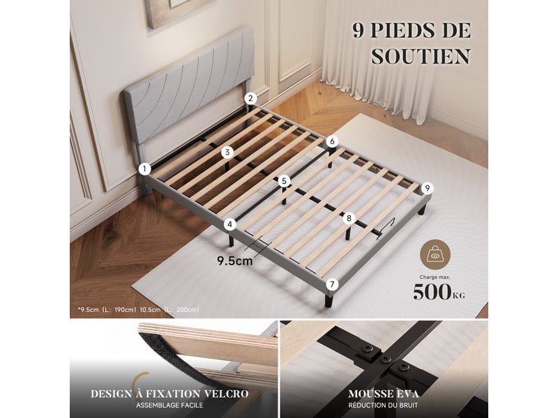  Cadre de lit 140x200 cm rembourré avec sommier à lattes, lit double, pieds antidérapants, tête de lit réglable, gris  - Conforama C